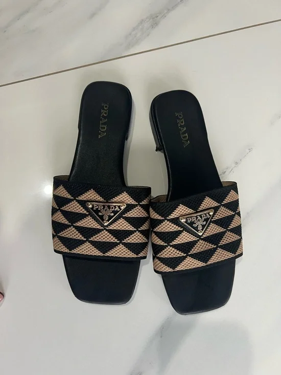 Prada Triangle Jacquard Beige/Black Slippers - Picture 2 of 3